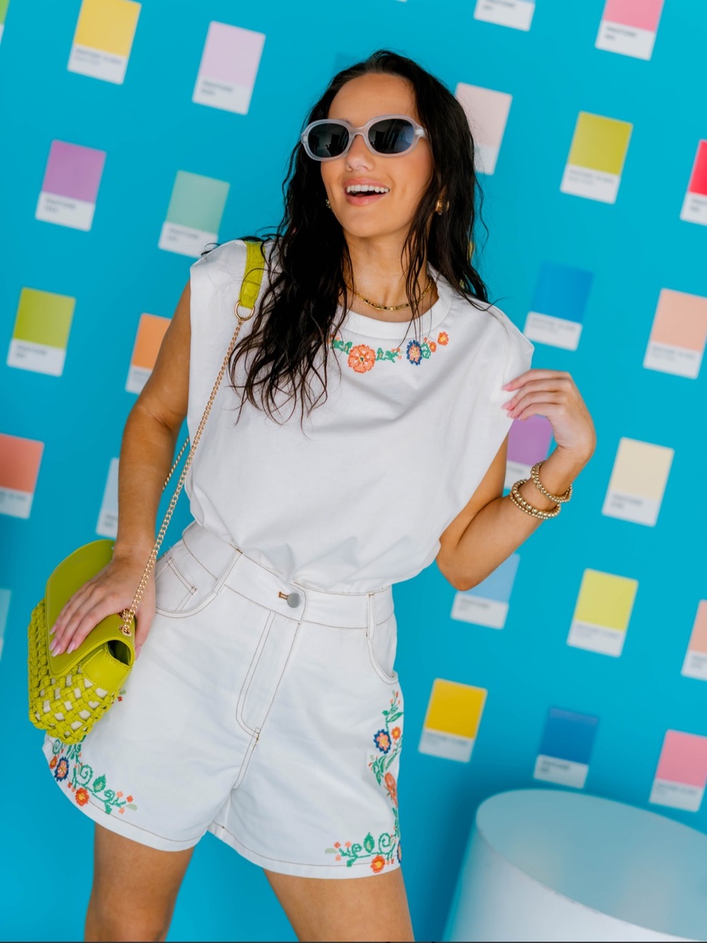 White Embroidered Sleeveless Tee and High-Waist Shorts Set - White